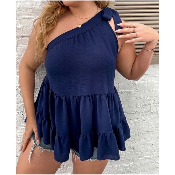 BellanBlue Tops - Plus Navy Blue One Shoulder Ruffle Blouse